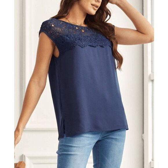 Suzanne Betro Women's Navy Lace Cap-Sleeve Top M - Picture 1 of 7